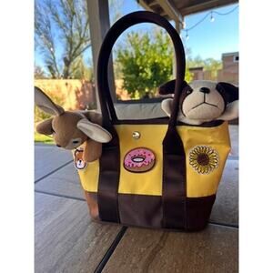 Mini Tote Childrens Bag Purse yellow brown 2 plushies included custom patches